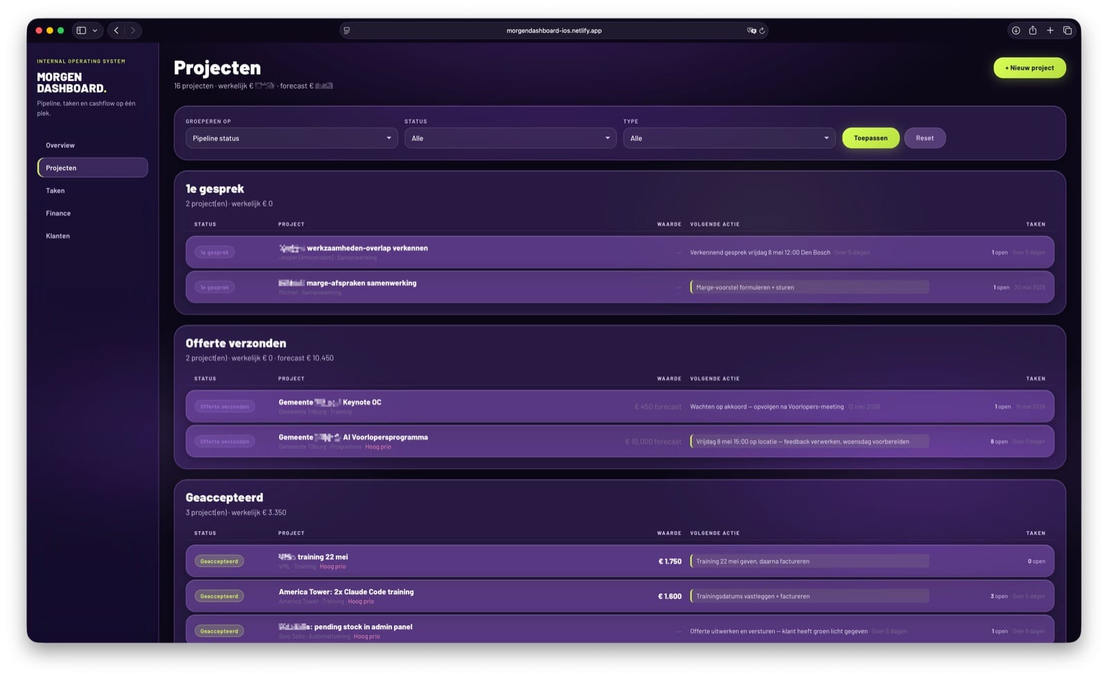 Screenshot van de projectenpagina met pipeline-stages, waarde en volgende acties