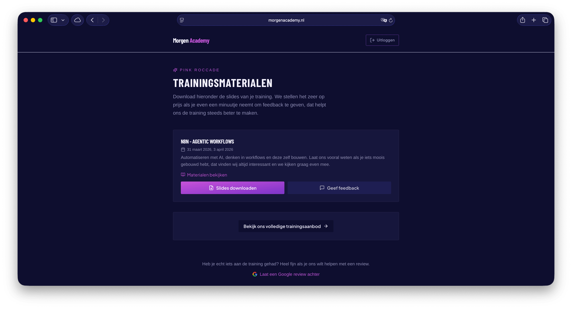 Screenshot van een klantportaal voor training en opvolging
