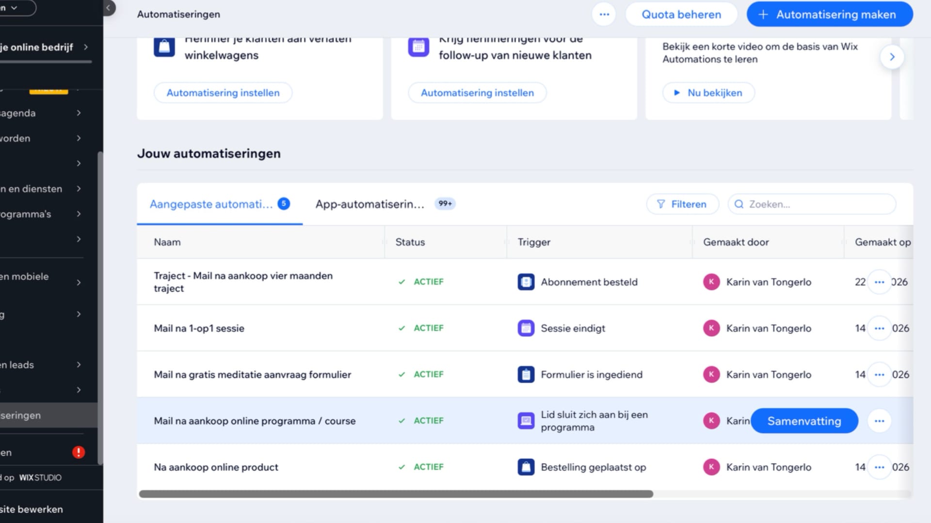 Screenshot van automatiseringen binnen een website-ecosysteem