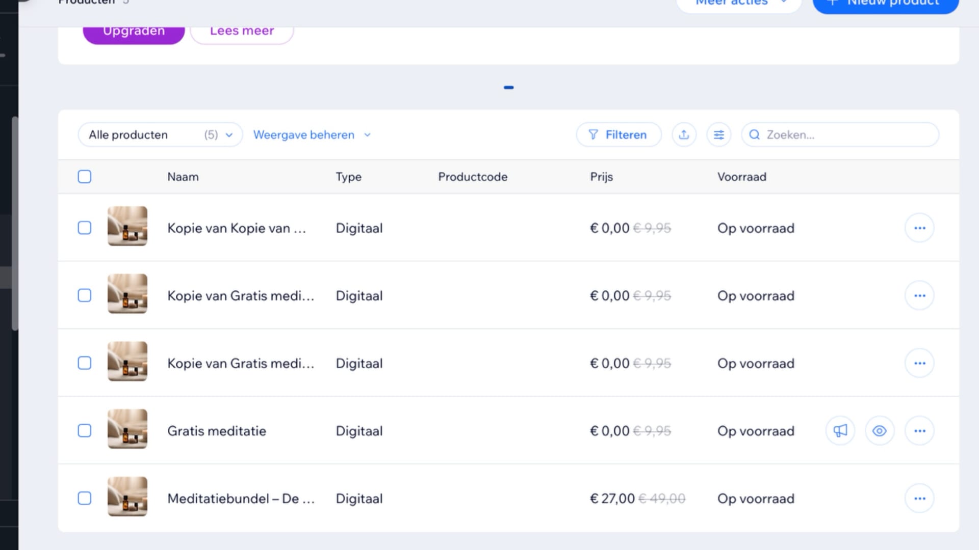 Screenshot van producten en koppelingen in een website-omgeving
